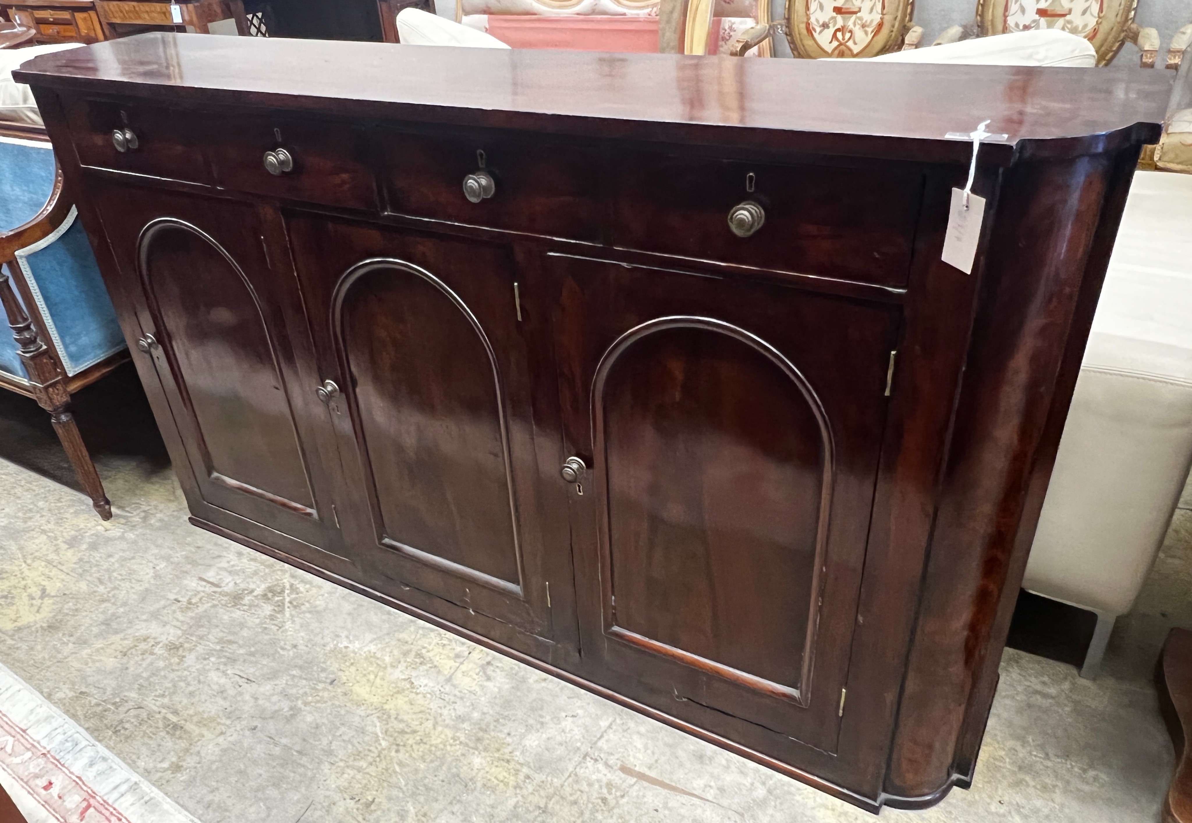 A Victorian mahogany side cabinet, width 170cm, depth 35cm, height 92cm